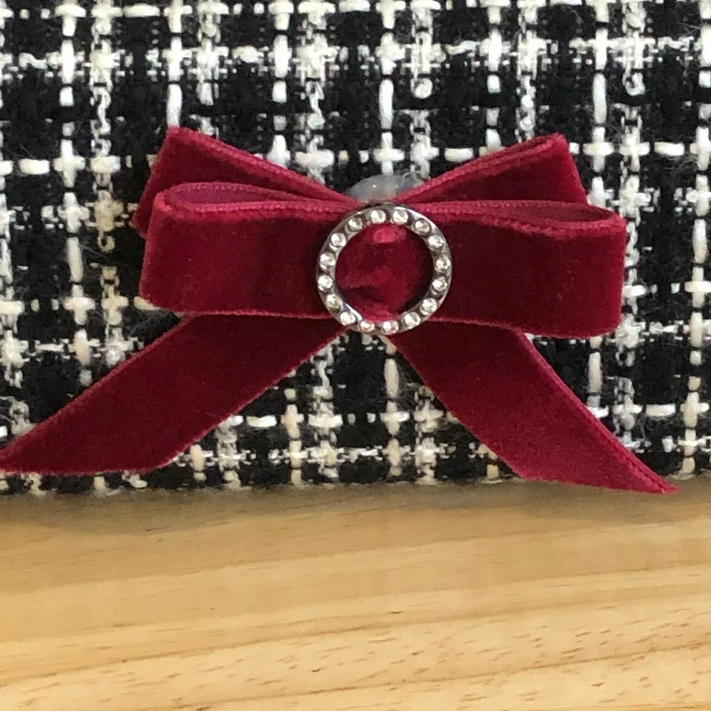 Tweed velvet bow bag purse retro kisslock style black white burgundy diamantés - Picture 5 of 6